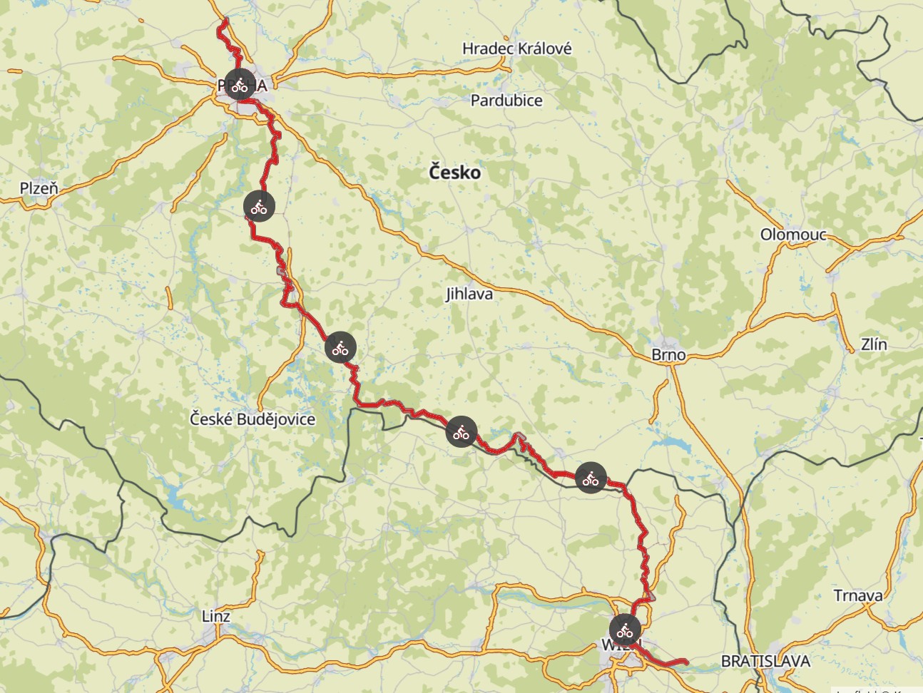 Komoot Maps E-Bike Europe Tour with my Dog 2019 – Greenways Vienna Prague (Praha Wien)